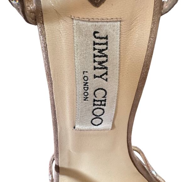 Jimmy Choo Champagne Crystal Metallic Leather Sandal Heels Italy Sz. 38.5 US 8.5 - Picture 7 of 10